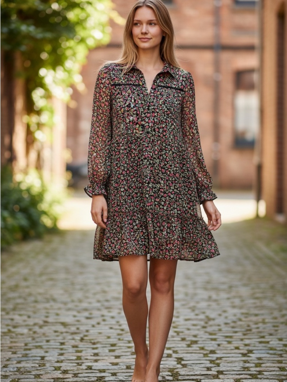 Zara Black Floral Long-Sleeve Tiered Mini Dress